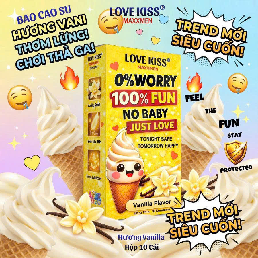 Bao cao su Love Kiss MAXXMEN Vanilla siêu mỏng 0.02mm hương Vani