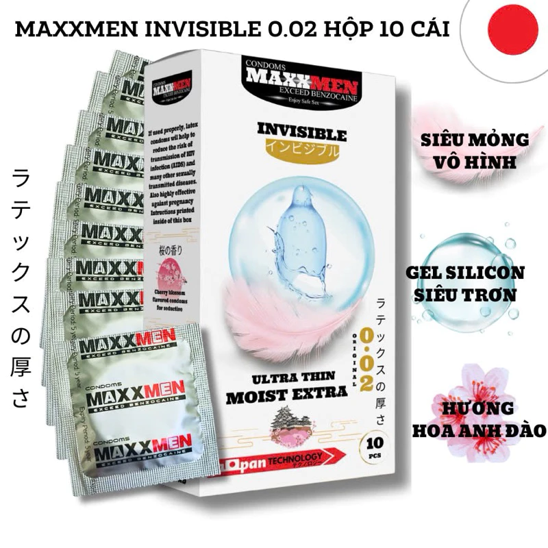 Bao cao su MAXXMEN Invisible 0.02 siêu mỏng hương hoa anh đào hộp 10 cái 5